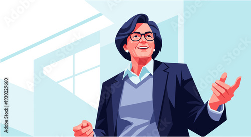 Confident and successful businesswoman or executive in glasses delivering a speech or presentation in a modern office setting.