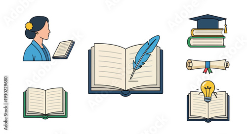 Education and Knowledge Icons: Books, Graduation Cap, Diploma, Lightbulb Idea, Woman Reading