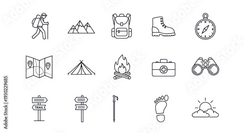 Hiking and Camping Icons Set: Backpack, Tent, Map, Compass, Fire, Boots, Mountains