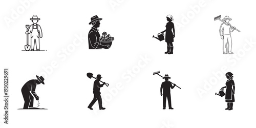 Agriculture Worker Icons Collection – Farmer and Gardening Silhouette Vector Set