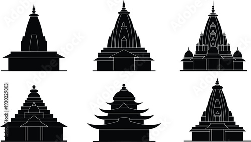Black silhouettes of various asian temple architectures pagoda stupa
