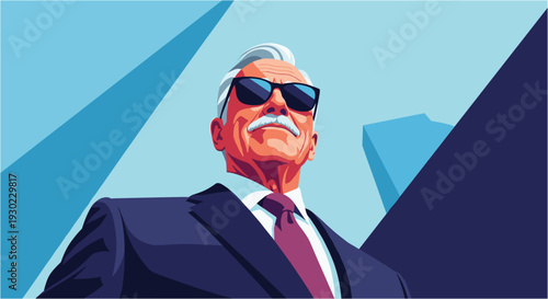 A confident, stylish senior businessman wearing sunglasses and a suit, exuding success and leadership against a modern, abstract background.