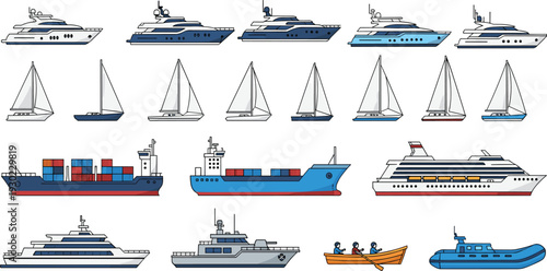 Ships and boats icons set, yachts sailboats cargo vessels cruise liners isolated on white background for maritime transport, travel, nautical design