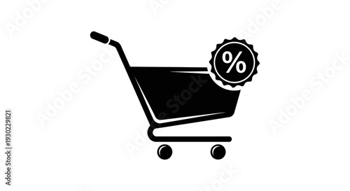 Shopping cart icon with percentage sign, representing sale, discount, and online shopping.