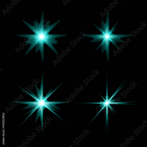 Collection of blue starburst graphic elements for creative design projects on a black background for visual enhancement and decoration purposes in various digital media applications.