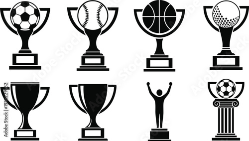 Sports trophy icons set, championship cups with soccer baseball basketball golf awards isolated on white background for competition, victory, achievement design