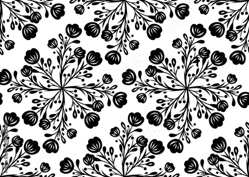 Vector seamless pattern with black silhouette of floral mandala. Monochrome tracery texture with flower wreaths