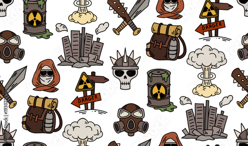 Vector post-apocalyptic doodle pattern. Radioactive fallout. Texture with a gas mask, explosion, and destroyed city.