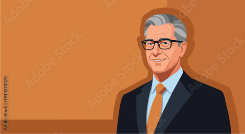 Professional illustration of a distinguished senior businessman wearing glasses and a suit, exuding confidence and experience against a warm brown background.