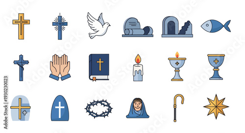 Christianity Icons Set: Cross, Dove, Bible, Prayer, Candle, Fish, Chalice, Tombstone