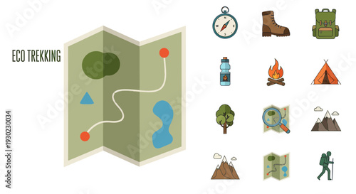 Eco Trekking Icons: Map, Backpack, Compass, Tent, Campfire, Boot, Water Bottle