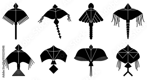 Collection of Traditional Kite Silhouettes Isolated on White Background