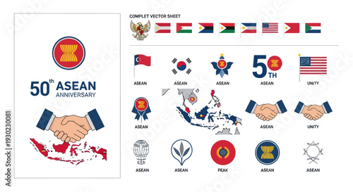 50th ASEAN Anniversary: Flags, Symbols, Maps, and Handshake Icons