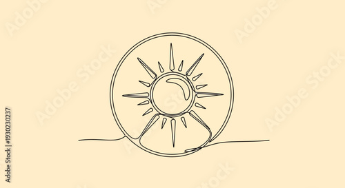 Minimalist Sun Line Art Drawing on Beige Background