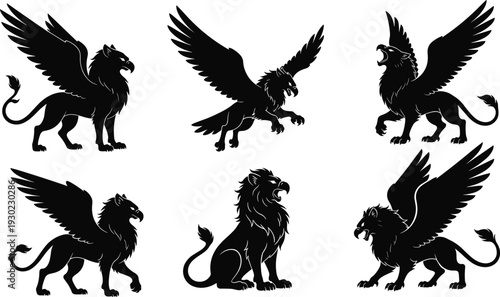 Black silhouettes of winged lions in various poses griffin mythical creature