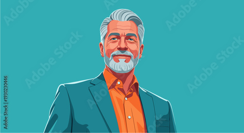 A confident, smiling older man with a distinguished beard and gray hair, wearing a stylish suit jacket and orange shirt against a vibrant teal background.