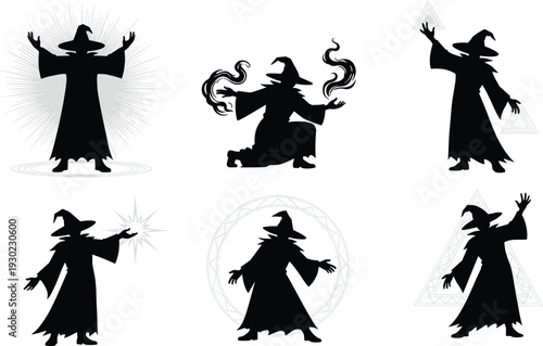 Black Silhouettes of Wizards in Various Magical Poses white background