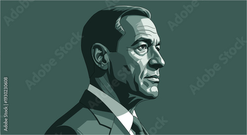 A striking vector illustration of a determined man in a suit, depicted in profile against a muted background, conveying leadership and seriousness.