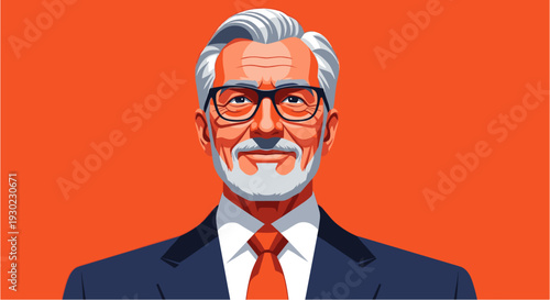 A distinguished, senior businessman with a neatly trimmed beard and stylish glasses, exuding confidence against a vibrant orange background.