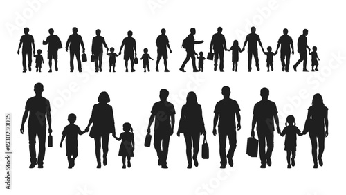 Silhouettes of people walking in various family combinations isolated on white background, Vector