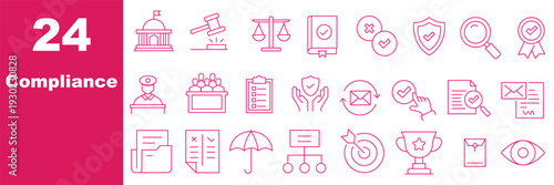 Compliance web icons in line style. Regulations, policy, legal document, quality control, responsibility, law. Editable stroke. Vector illustration.
