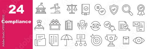 Compliance web icons in line style. Regulations, policy, legal document, quality control, responsibility, law. Editable stroke. Vector illustration.