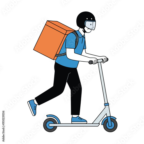 Delivery person on a scooter with a large insulated box, representing fast food or package delivery services.