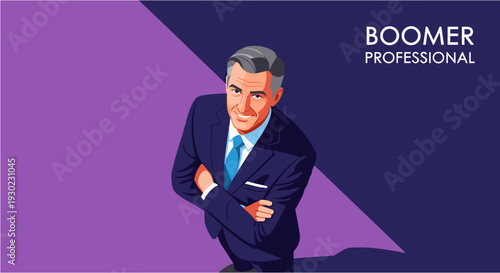 A sophisticated, confident senior businessman in a sharp suit with crossed arms, exuding professionalism and experience against a modern purple background.