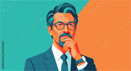 Thoughtful, stylish man with glasses and a beard, dressed in a suit, contemplating a decision against a vibrant, split-color background.