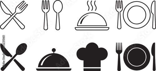 Black and white restaurant with cutlery and plates utensils fork