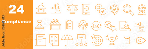 Compliance web icons in line style. Regulations, policy, legal document, quality control, responsibility, law. Editable stroke. Vector illustration.
