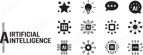 Black and white set of artificial intelligence robot machine learning technology