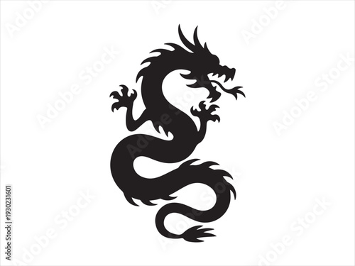 Chinese dragon silhouette, Black and red tribal dragon logo vector illustration. Chinese dragon tattoo vector 