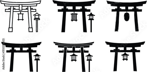 Japanese Torii Gate Silhouettes with Lanterns japanese gate black and white