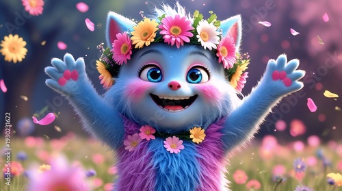 Cute Blue Fantasy Creature with Flower Crown in Magical Spring Garden
