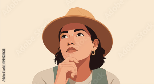 Thoughtful woman wearing a stylish hat, contemplating a decision or new idea, captured in a modern vector illustration.
