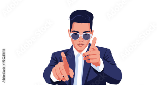 Stylish young man in a suit and sunglasses pointing forward with both hands, exuding confidence and a cool, determined attitude.