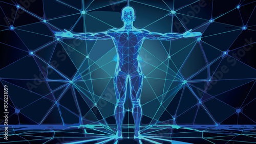 Futuristic Illustration of a Glowing Blue Human Silhouette Within a Geometric Cyber Network and Data Plexus