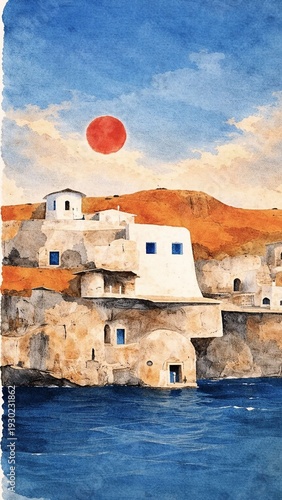 Mediterranean Village Under Red Sun Painting
