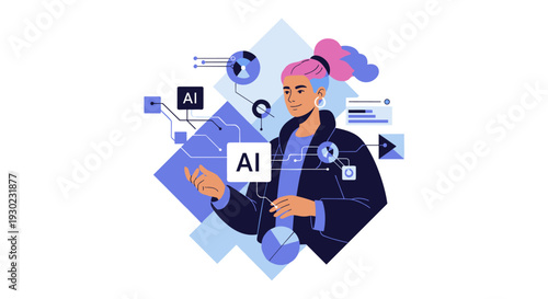 Modern illustration depicting a woman interacting with artificial intelligence interfaces and data visualizations, symbolizing innovation and technological advancement.