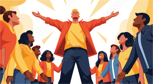 A diverse group of people stands in a circle, looking up at a triumphant leader with outstretched arms, radiating success and inspiration.