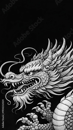 Detailed Dragon Illustration on Black Background
