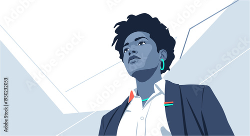 A determined young professional with dark, curly hair gazes confidently into the future, embodying ambition and success in a modern business environment.