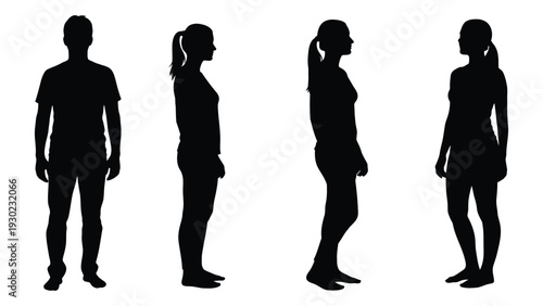 Four silhouettes of people standing in a row isolated on white background, Vector