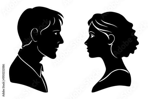 Male and Female Face Profile Silhouettes – Conversation Concept PNG.
