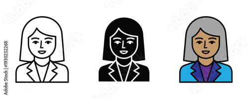 Businesswoman avatar and female professional icon set. Corporate lady, office manager, and female employee symbol for team, leadership, and user profile design. Vector Illustration.