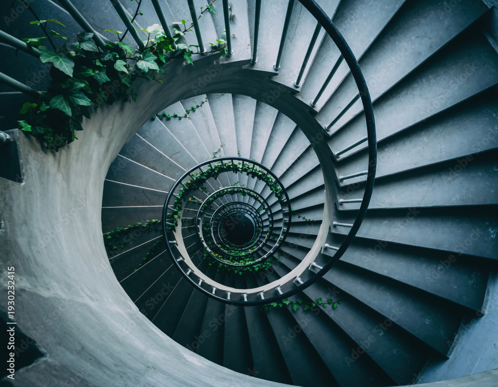 Fototapeta premium Downward view of mysterious spiral staircase made of concrete featuring green ivy growing on metal railing with geometric architecture design creates moody atmosphere and abstract pattern