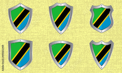 Set of metal shields with the Tanzanian flag