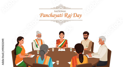 Illustration of diverse people in traditional Indian attire seated around a table for a meeting on National Panchayati Raj Day, symbolizing grassroots democracy and local self-government.