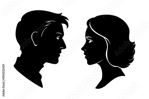 Man and Woman Talking Profile Face Silhouette PNG on White Background.